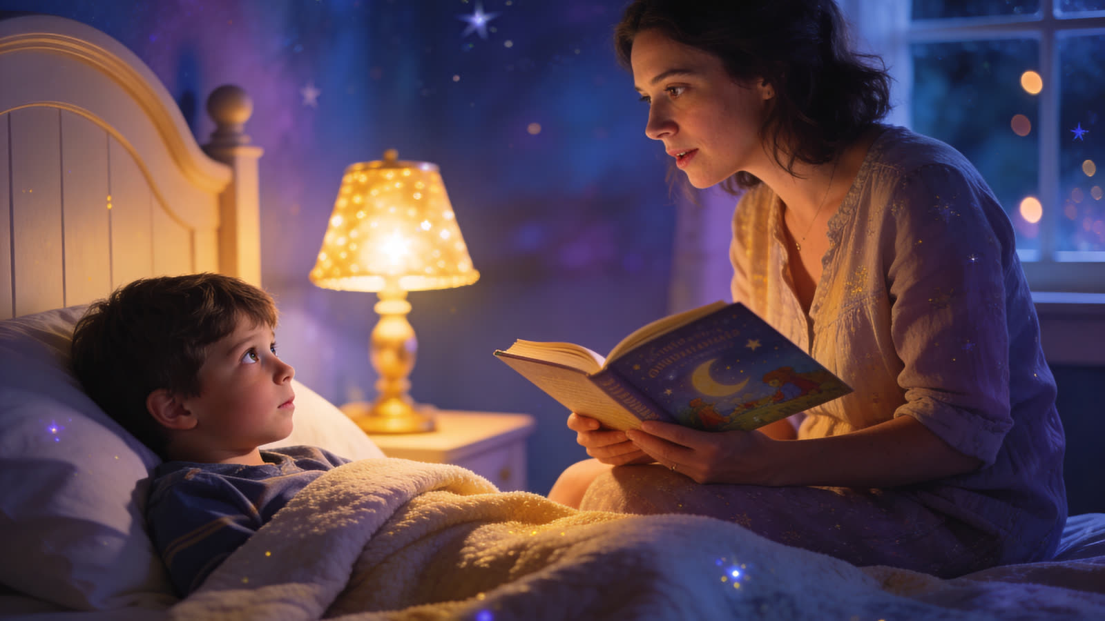 Kind liegt friedlich im Bett und hört eine Gute-Nacht-Geschichte
